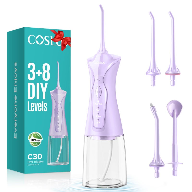 جهاز تنظيف الأسنان بالماء COSLUS 4 أوضاع لاسلكي 300 مل خزان أكبر محمول لتنظيف الأسنان بالماء IPX7 آلة تنظيف الأسنان المقاومة للماء للاستخدام المنزلي والسفر بنفسجي C30FC5360